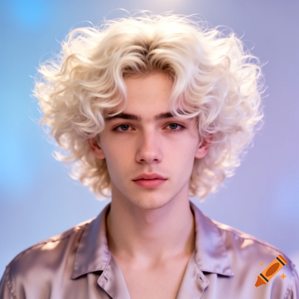 Close-up portrait of a young person with pale skin, intense eyes, and voluminous, platinum blonde curly hair, wearing a silky shirt.