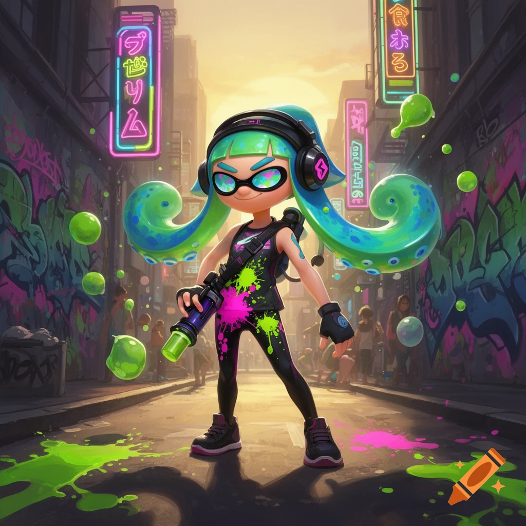A stylized Inkling girl with green and blue tentacles, wearing headphones and holding a weapon, stands in a graffiti-covered urban alley with neon signs.