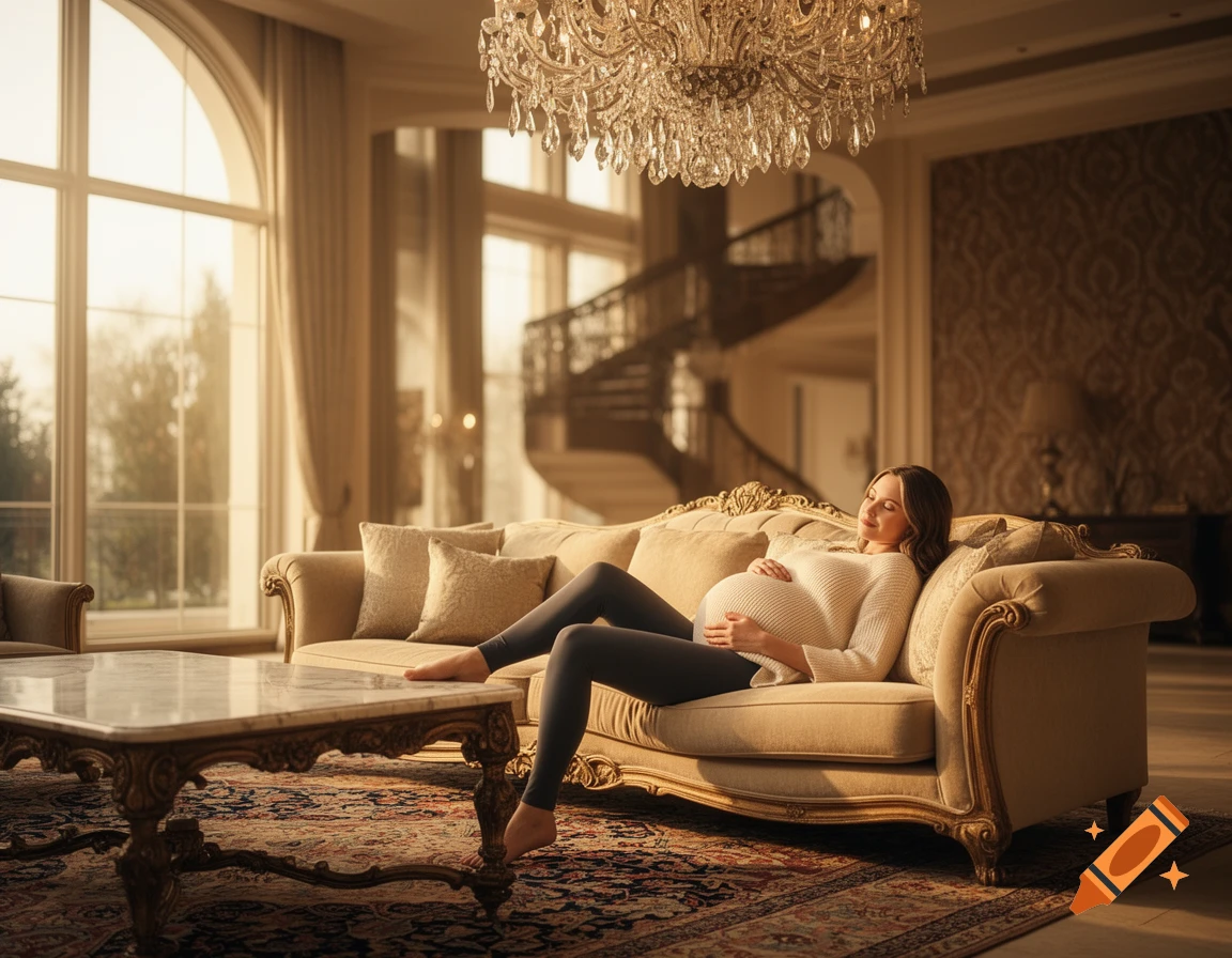 A pregnant woman in a white sweater and black leggings relaxes on a luxurious couch in a mansion living room with large windows.