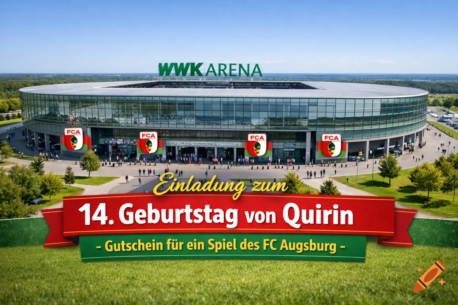 Photorealistic aerial view of WWK Arena football stadium with a banner for Quirin's 14th birthday and an FC Augsburg game coupon.