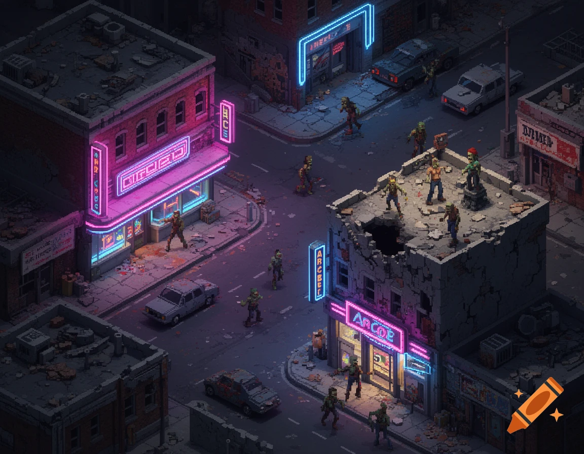 Isometric pixel art scene of a zombie apocalypse in a ruined city street with neon signs and abandoned cars.