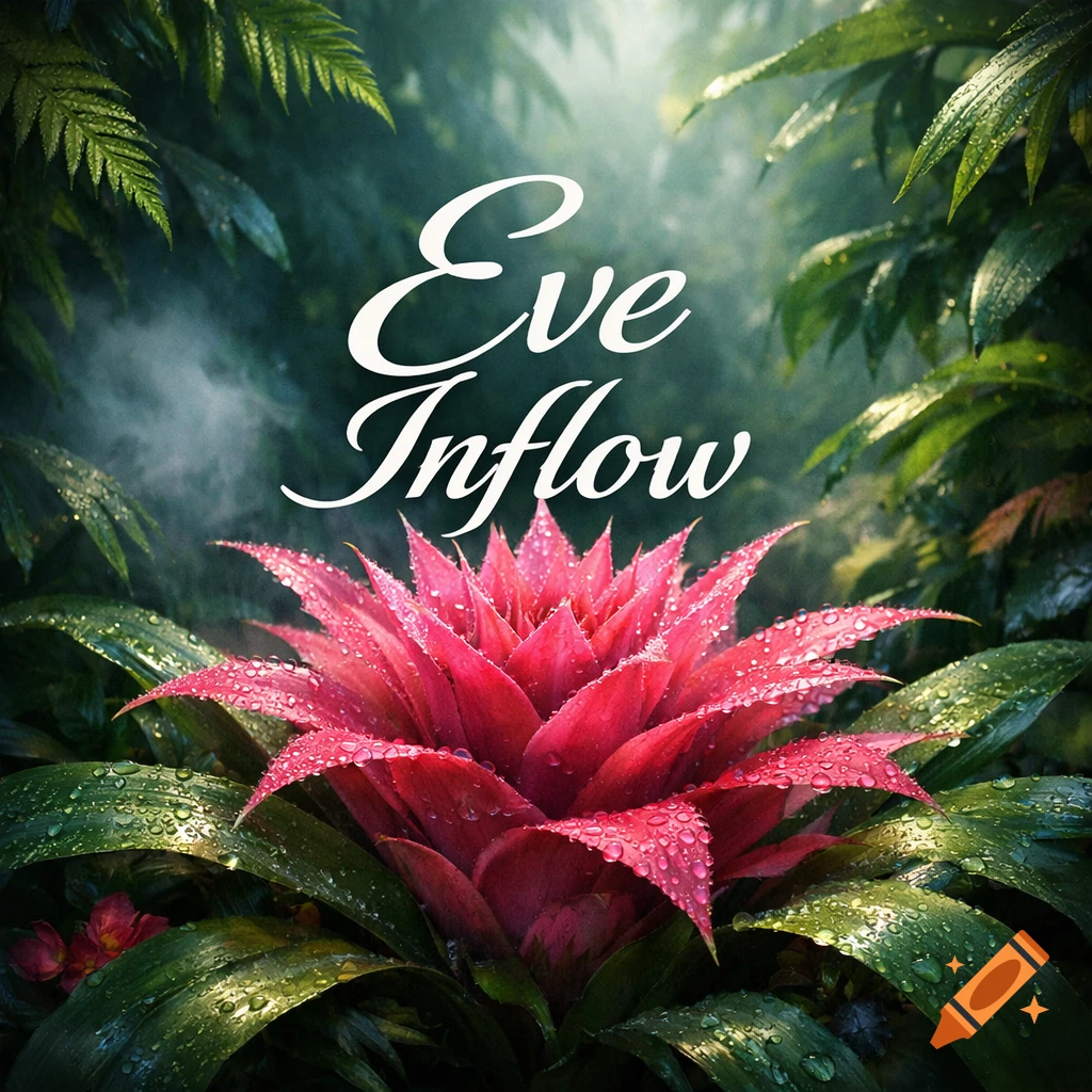 Pink bromeliad flower with water droplets in a misty jungle, with "Eve Inflow" text, presented as an album cover.