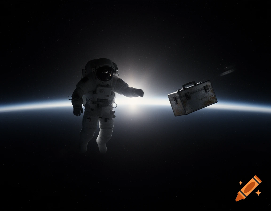 An astronaut in a white suit floats in dark space, reaching for a metallic toolbox against Earth's glowing horizon.