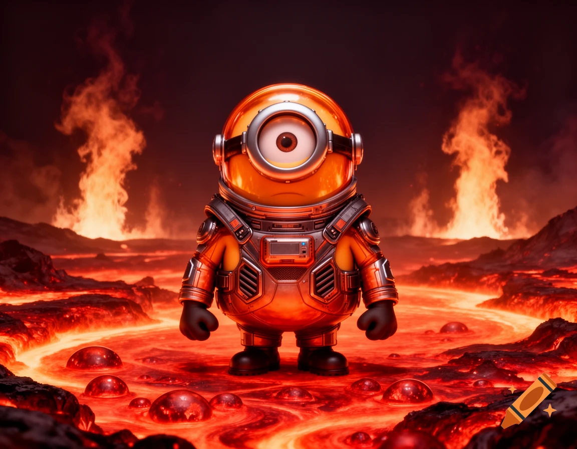 A Minion in an orange and silver lava-resistant space suit stands in a fiery volcanic landscape with flowing red lava.
