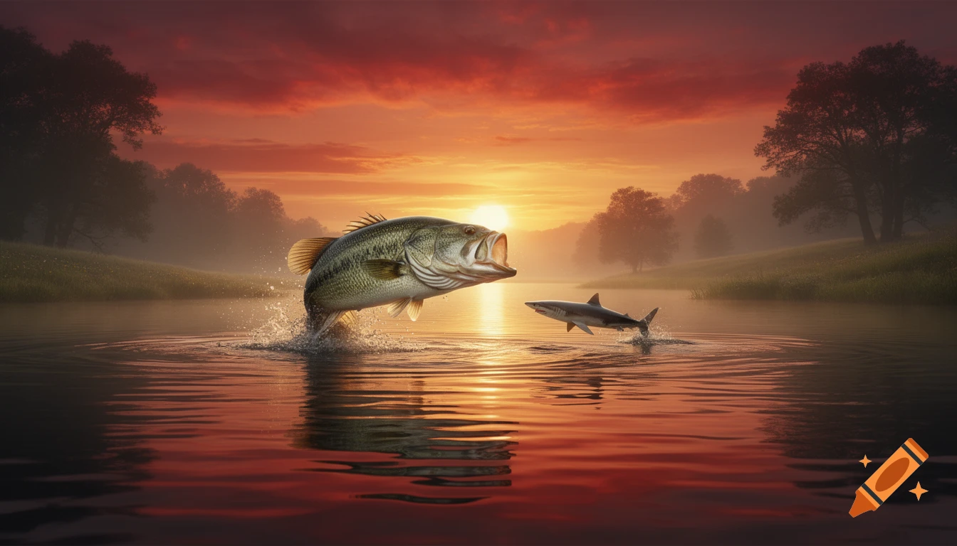 A photorealistic image of a large bass leaping out of water with its mouth open, chasing a small shark, under a vibrant sunset over a misty lake.