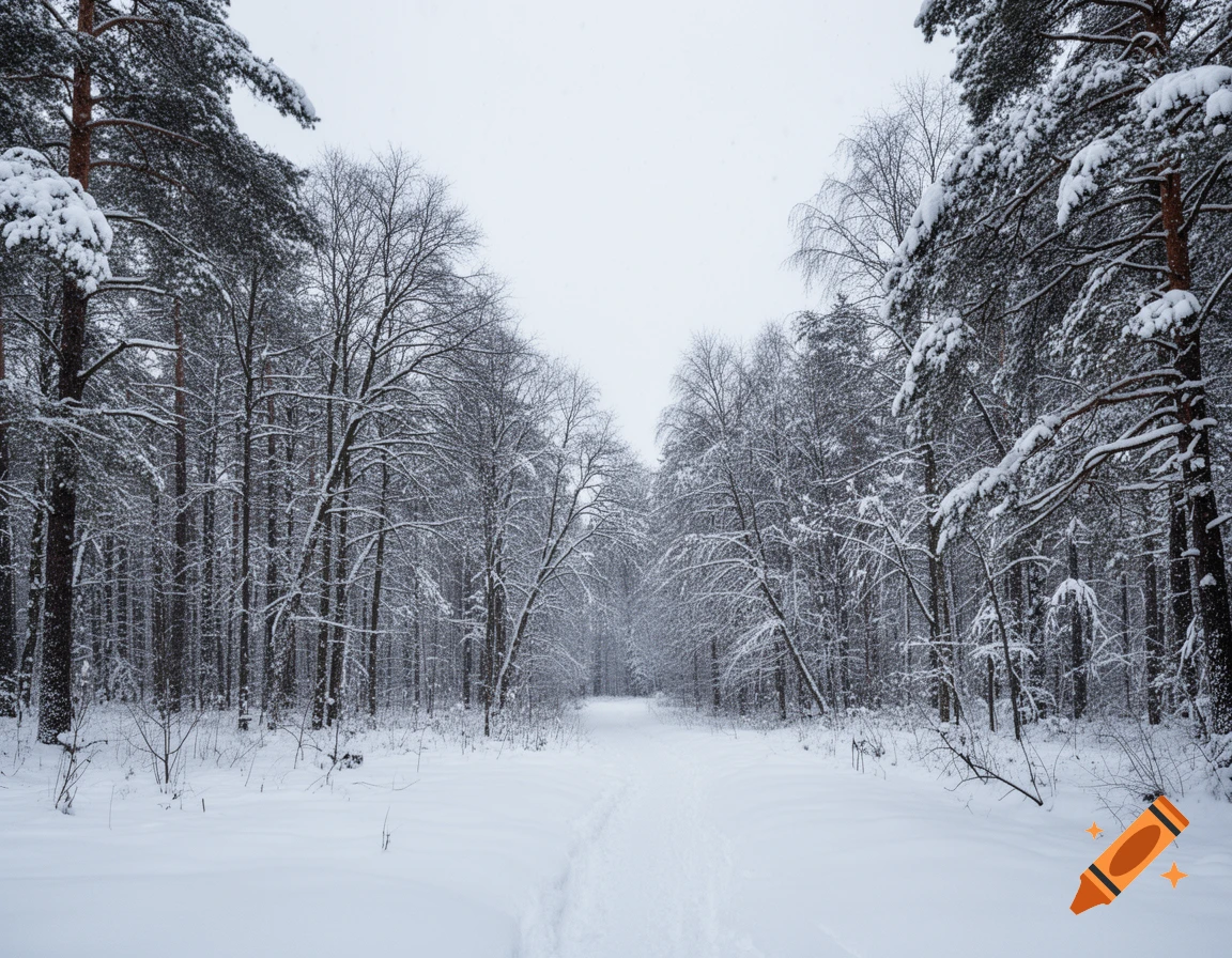 A snow-covered path leads through a dense forest with bare trees and ...