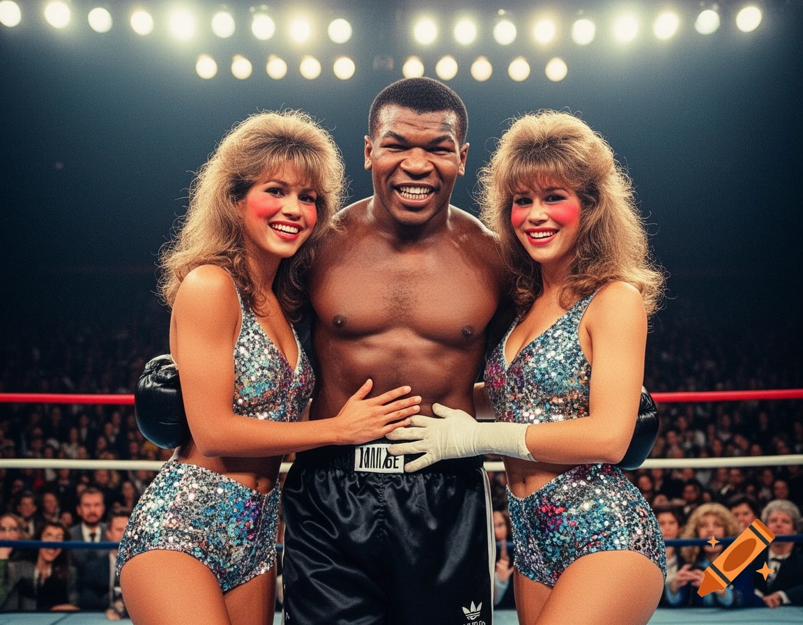 Photorealistic image of a 1980s Mike Tyson in boxing shorts, smiling between two ring girls in sequined outfits in a boxing ring.