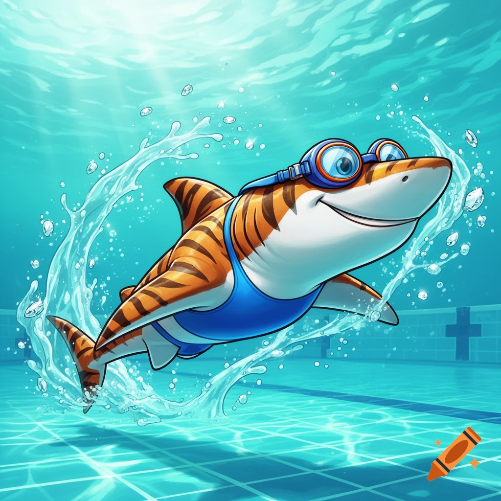 Vibrant cartoon tiger shark in a blue speedo and goggles, swimming underwater in a pool with splashing water.