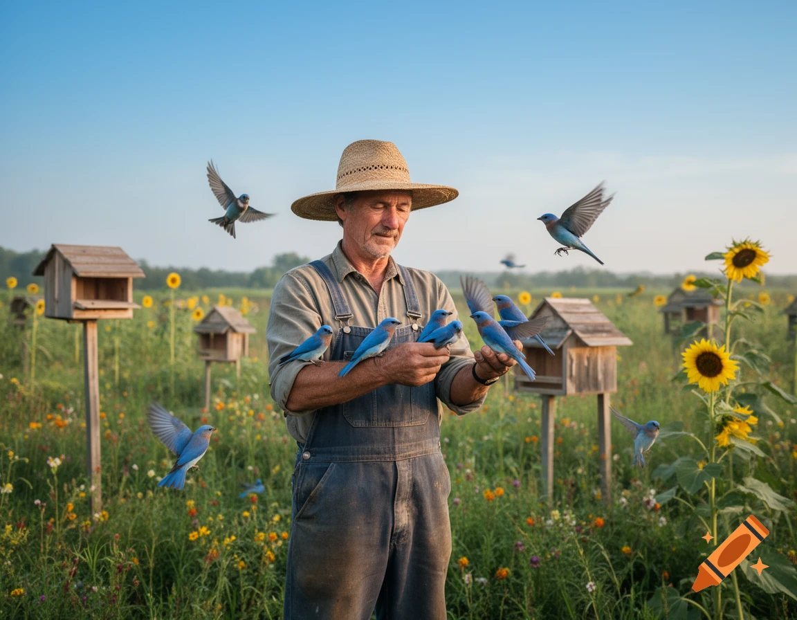An old farmer in a straw hat and overalls stands in a sunny field, holding and surrounded by bluebirds, with birdhouses and sunflowers.
