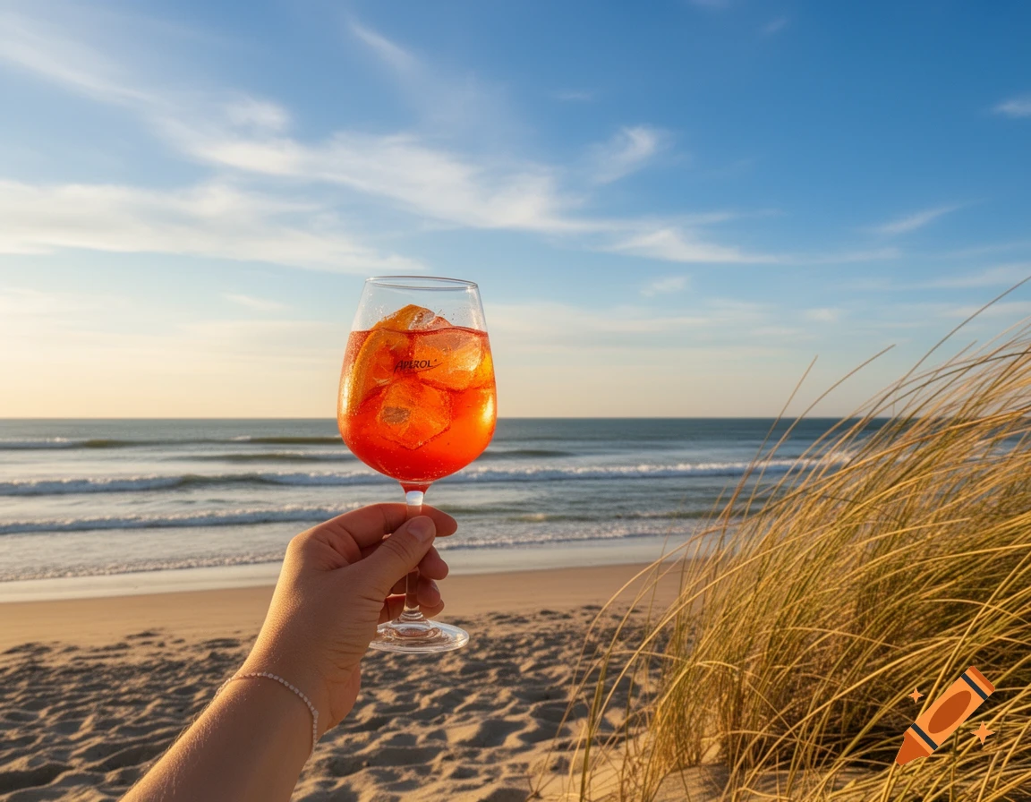 A hand holding a glass of Aperol Spritz on a sandy beach at sunset, with ocean waves in the background.