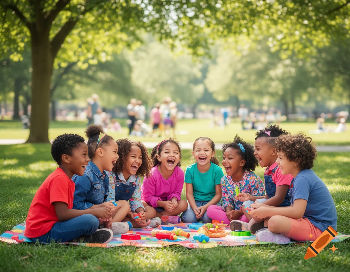 Diverse group of happy children laughing and playing on a colorful mat ...