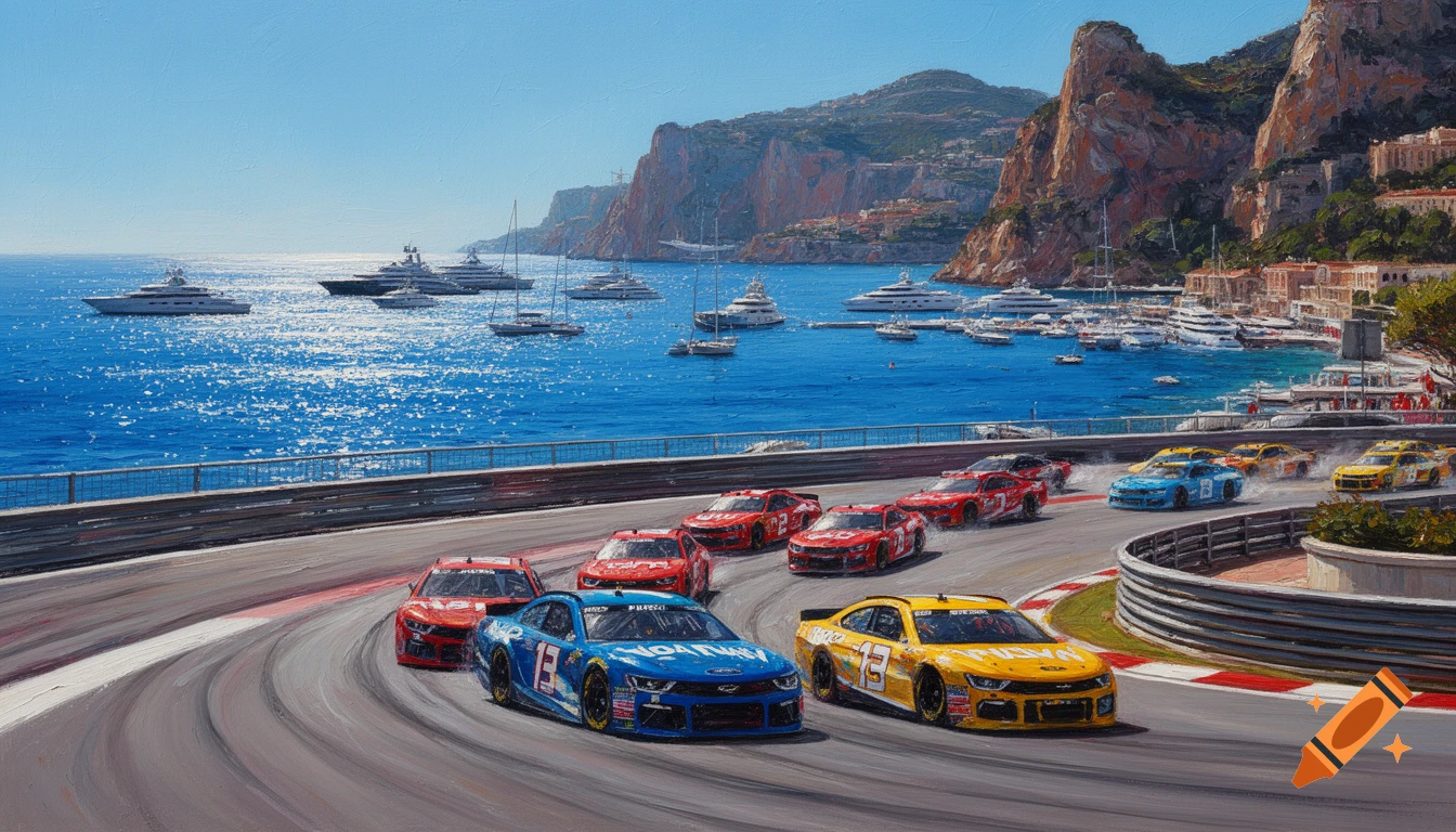 Oil painting of NASCAR race cars speeding around a coastal track in Monaco, with yachts in the sparkling blue sea and cliffs in the background.