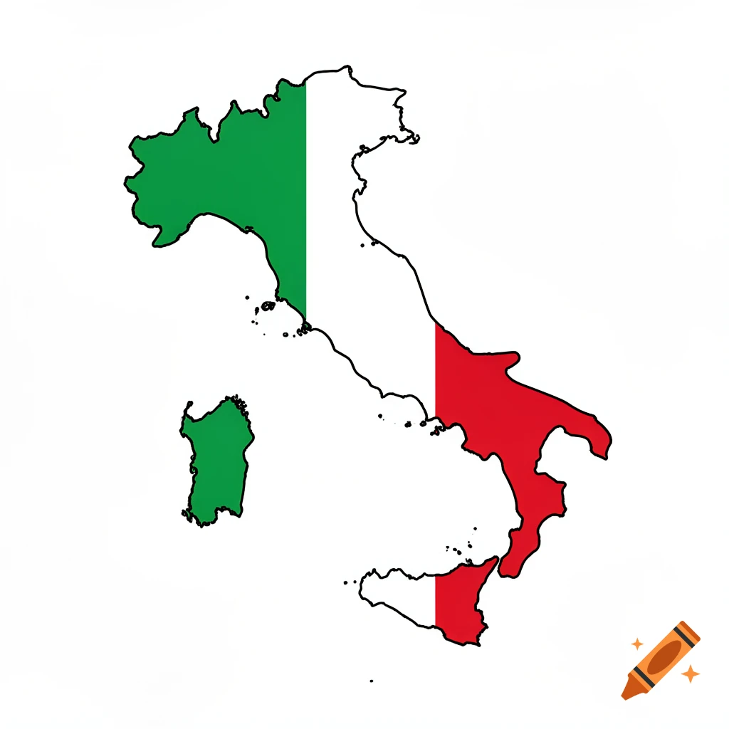 Outline map of Italy, including Sicily and Sardinia, filled with the green, white, and red colors of the Italian flag.