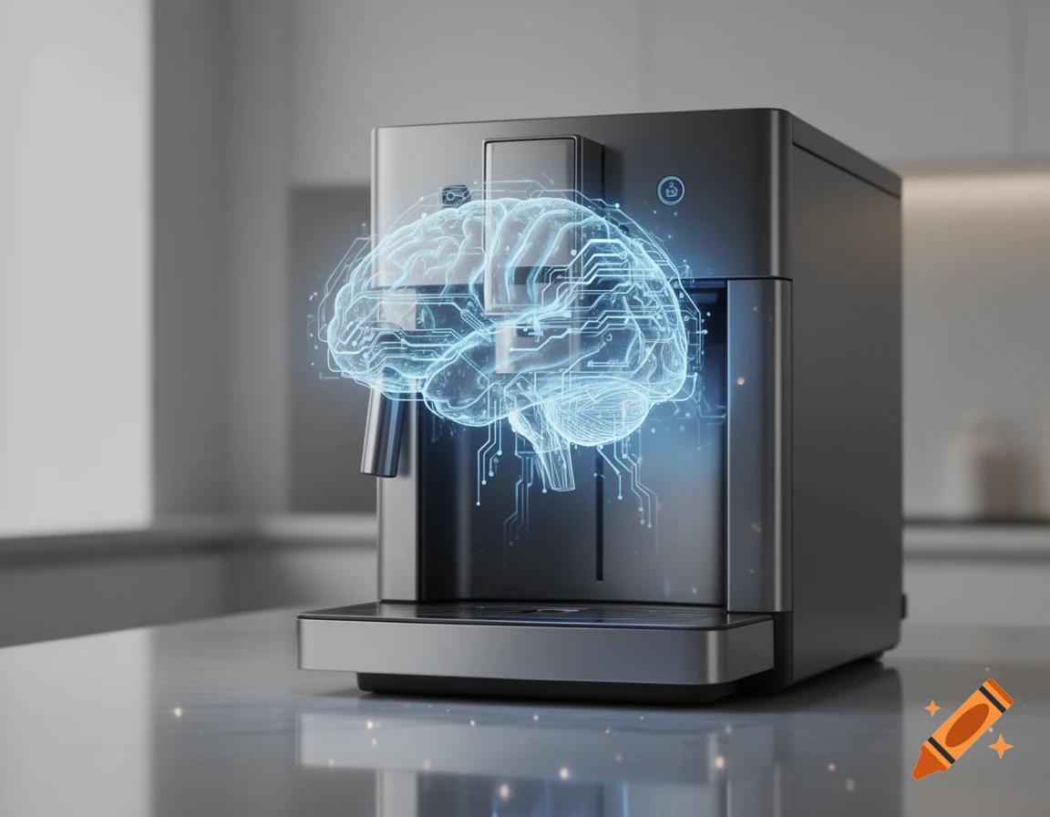Photorealistic image of a modern coffee machine with a glowing blue artificial intelligence brain emerging from inside, surrounded by subtle holographic circuits.