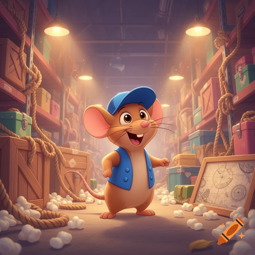 A cheerful cartoon mouse wearing a blue hat and vest stands in a brightly lit warehouse filled with boxes and ropes.