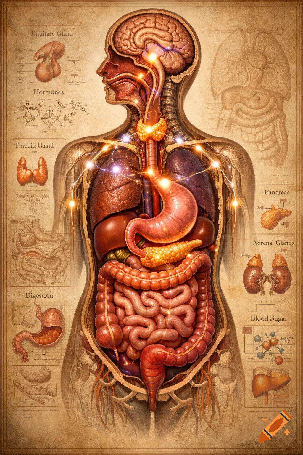 Detailed vintage anatomical illustration of human digestive and endocrine systems with labeled organs.
