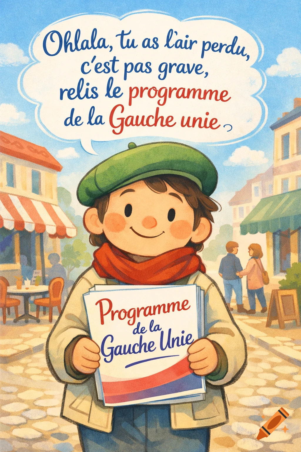 Smiling cartoon child in a beret and scarf holds a 'Programme de la Gauche Unie' leaflet, with a speech bubble above, in a street scene.