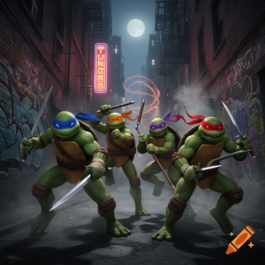 Four Teenage Mutant Ninja Turtles, each with their weapon, stand ready in a dark, graffiti-covered urban alleyway under a full moon.