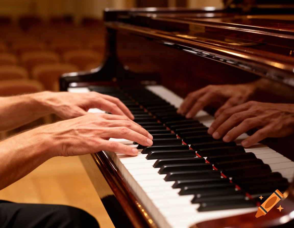 Close-up of hands playing a grand piano with a blurred concert hall background.
