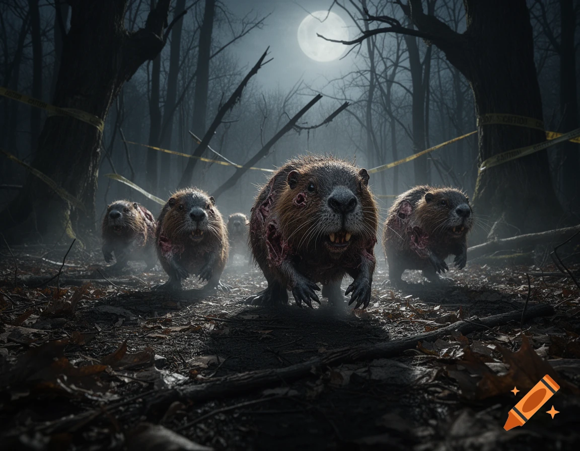 Photorealistic zombie beavers with exposed flesh run through a dark, foggy forest under a full moon, with caution tape.