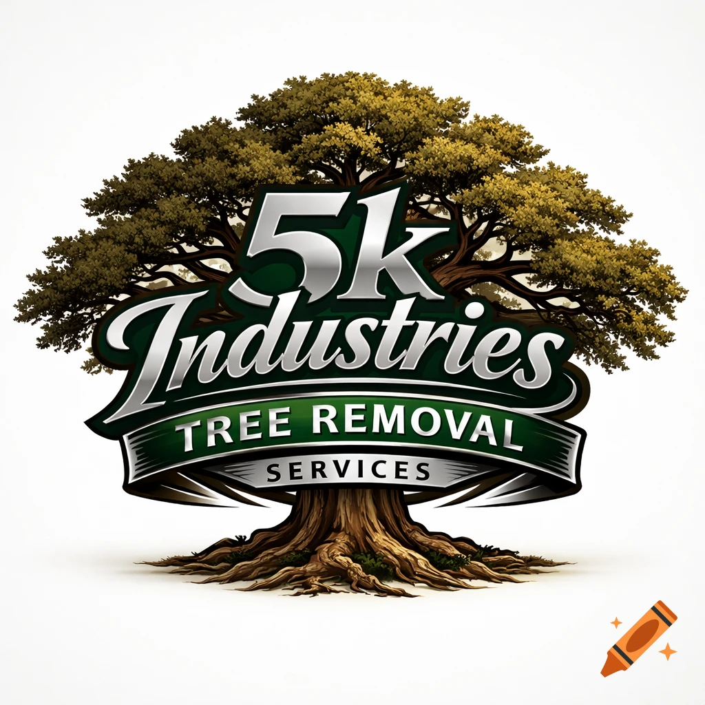 A detailed logo for '5k Industries Tree Removal Services' featuring a large, sturdy tree with exposed roots and green banners with silver text.
