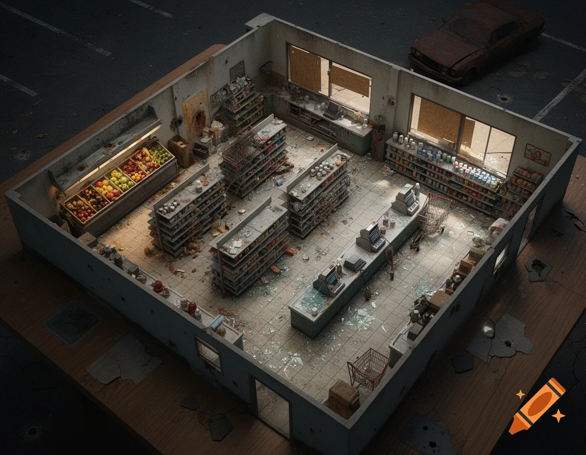 An isometric view of a detailed post-apocalyptic grocery store battlemap, featuring ruined shelves, scattered debris, and an abandoned car outside.