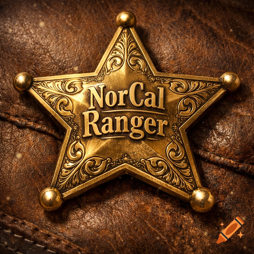 A close-up, photorealistic image of a golden sheriff's star badge with 'NorCal Ranger' engraved on it, resting on worn brown leather.