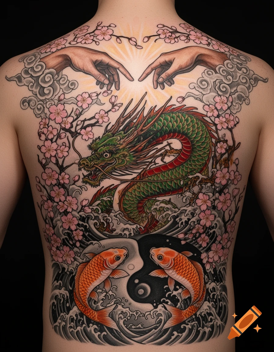 Vibrant full back tattoo with hands, a green Japanese dragon, two orange koi fish forming a yin-yang, cherry blossoms, and waves.