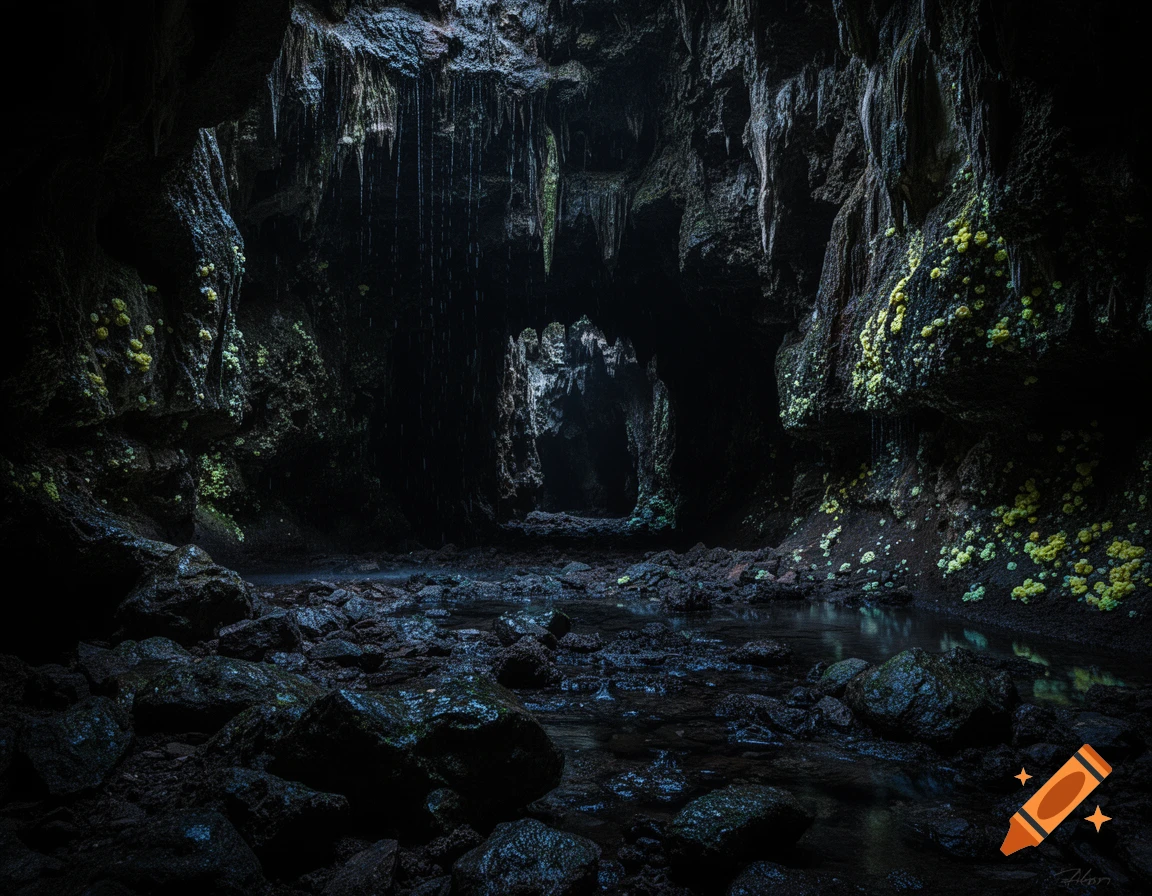 A dark, mysterious cavern with stalactites, dripping water, and glowing green moss on rocky surfaces, leading to a distant opening.