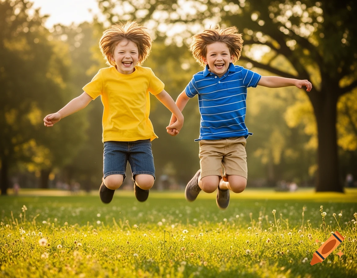 Two happy young boys holding hands, jumping high in a sunny green park, smiling at the camera.