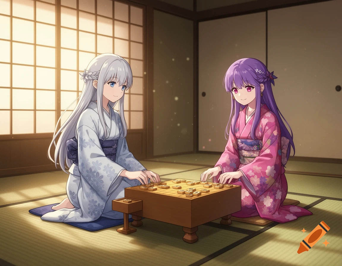 Anime-style Frieren and Aura in kimonos play shogi in a sunlit Japanese tatami room.