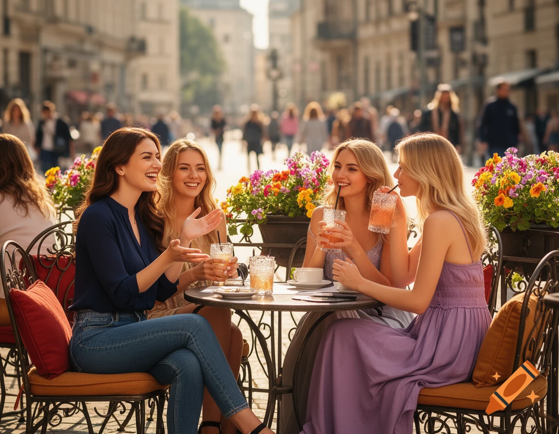 Four smiling young women enjoy drinks at an outdoor cafe on a sunny city street, with blurred people in the background.