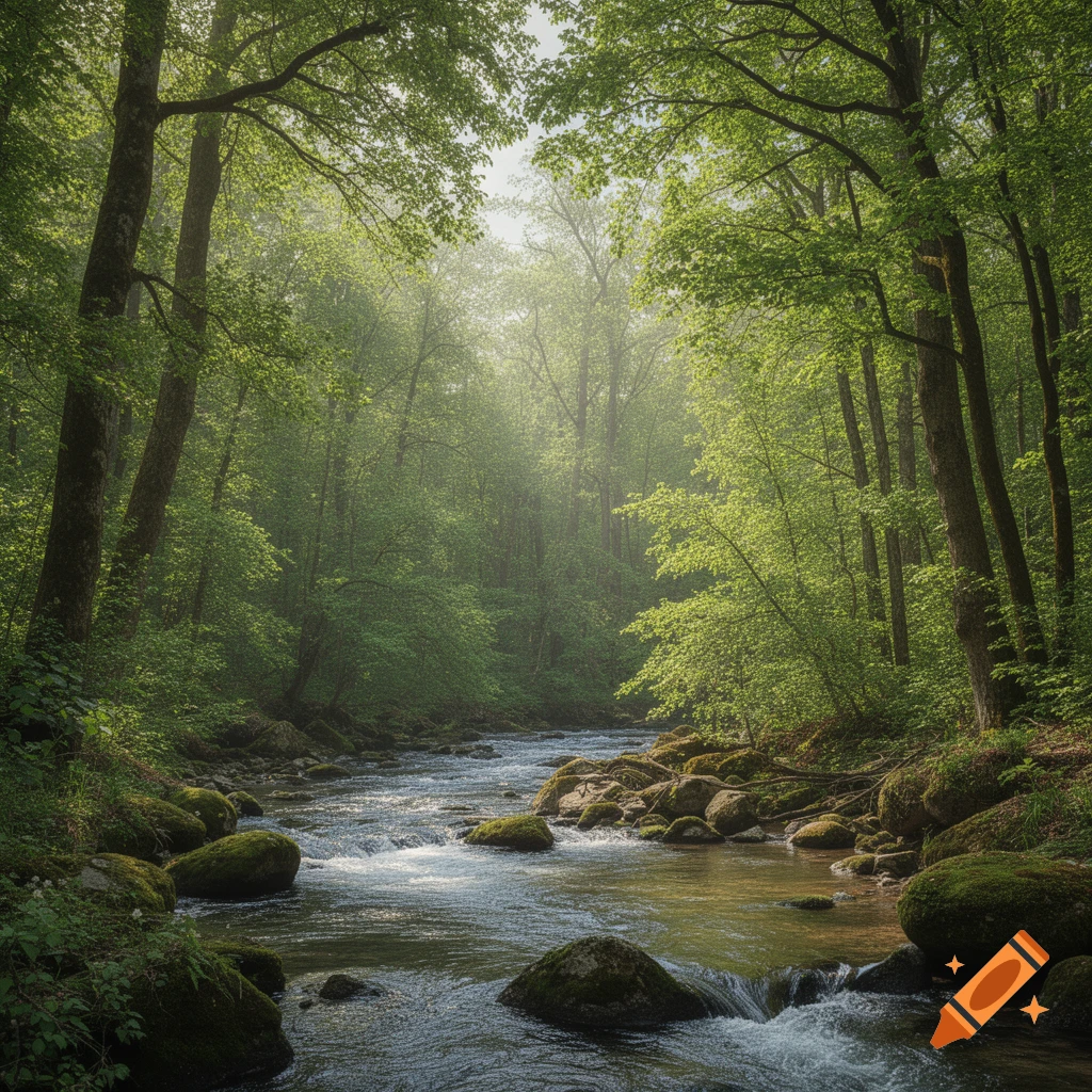 A serene, sun-dappled forest scene with a flowing river winding through mossy rocks and lush green trees. Photorealistic.