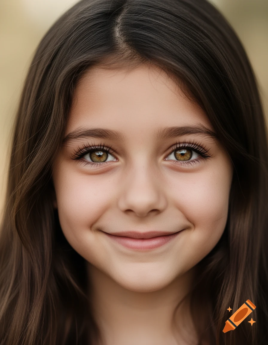 Photorealistic close-up portrait of a young girl with long dark brown ...