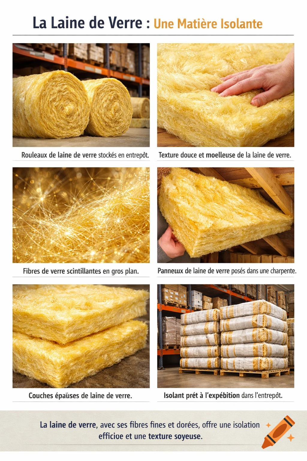 A document with six realistic photos showing different aspects of glass wool insulation, including rolls in a warehouse, close-ups of its texture and fibers, panels in a framework, and stacked layers.