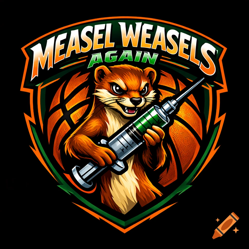 Cartoon weasel mascot holding a syringe, set against a basketball texture, with 'MEASEL WEASELS AGAIN' text on a banner.