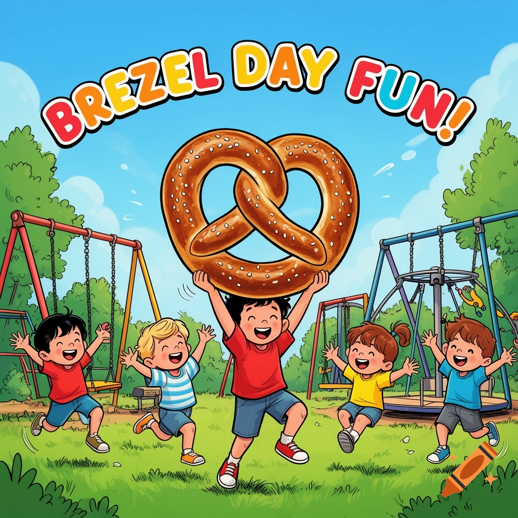 Happy cartoon children play in a sunny park playground, one holding a giant pretzel. Text reads 'BREZEL DAY FUN!'