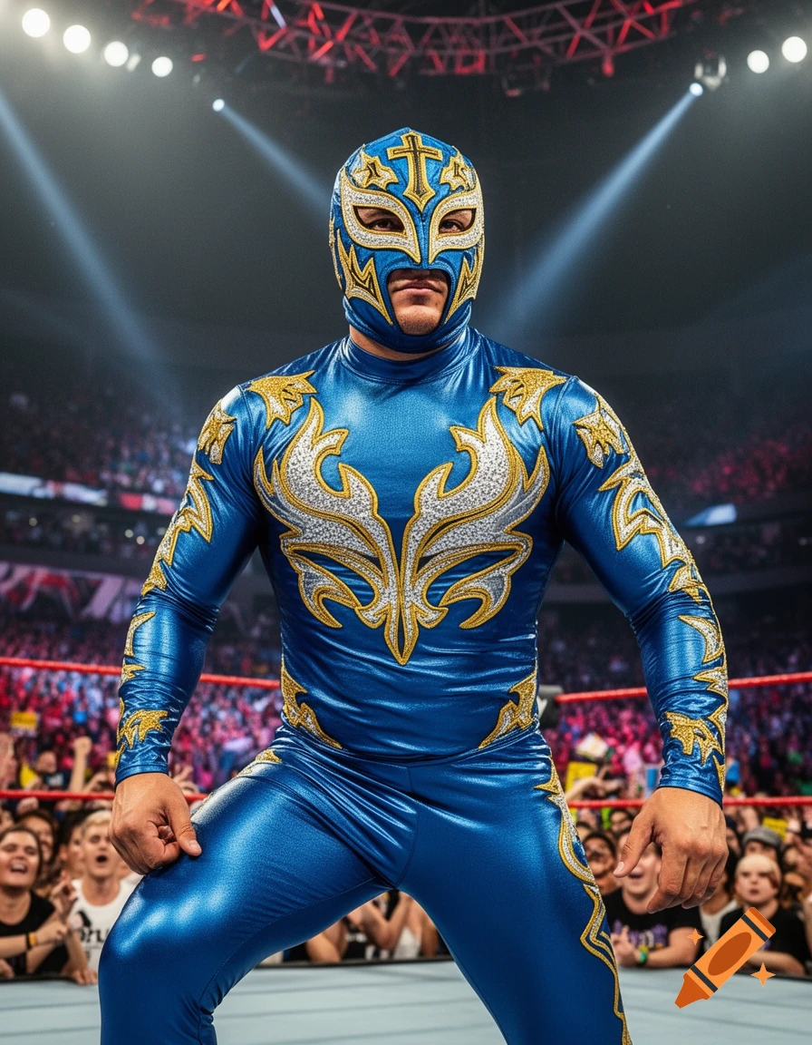 A masked wrestler in a blue and gold costume poses in a brightly lit wrestling arena with a crowd.