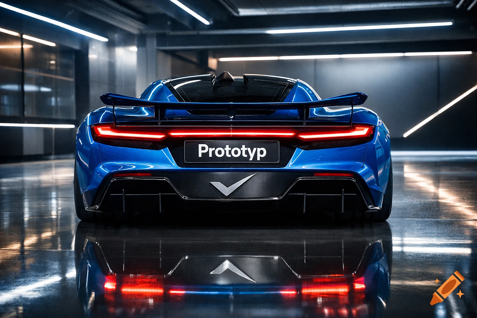 Rear view of a sleek blue electric sports car with 'Prototyp' on its license plate in a modern, dimly lit garage.