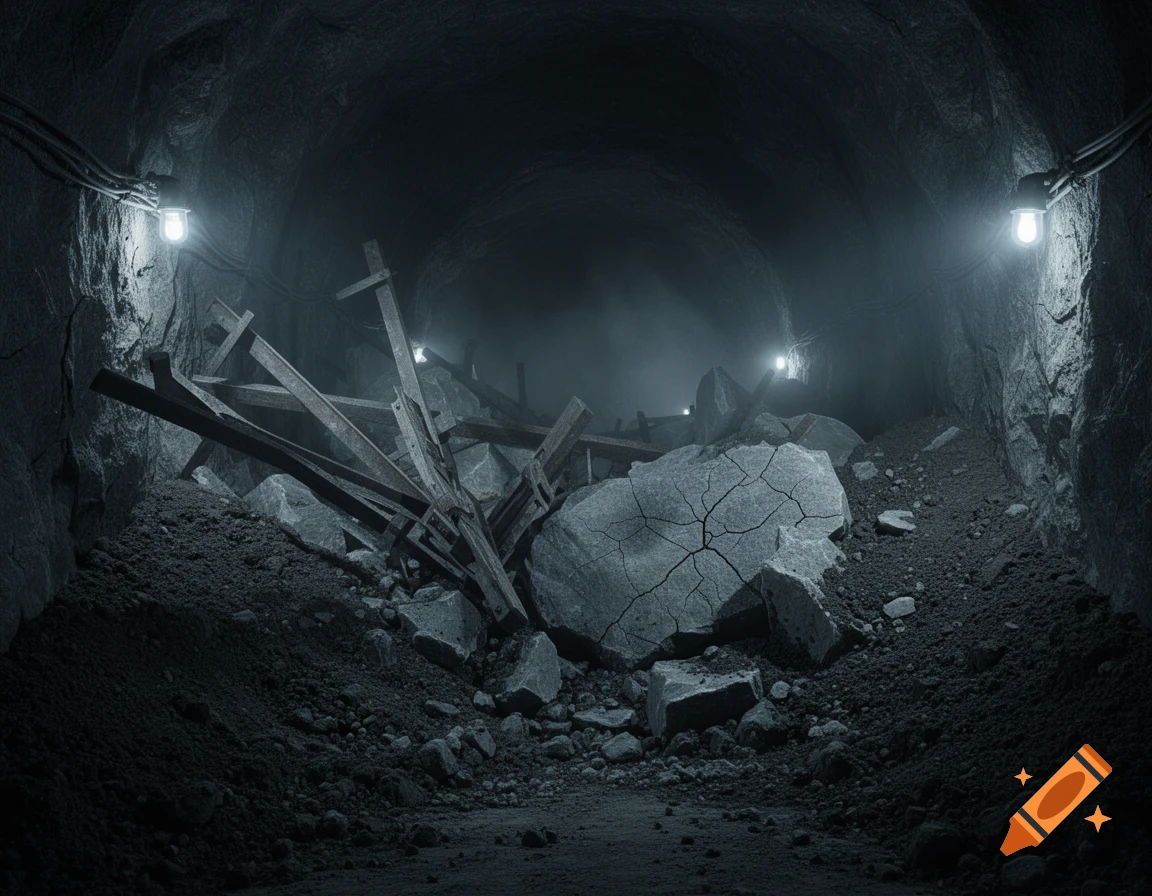 A dark, ominous collapsed mine tunnel filled with rubble, broken wooden supports, and dim lights illuminating the scene.