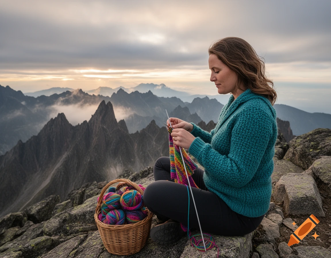 A woman in a teal sweater knits colorful yarn on a rocky mountaintop, a basket of yarn at her side, overlooking a vast mountain range at sunset.