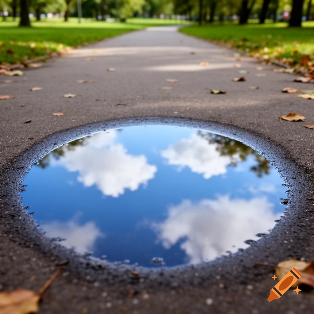A close-up, low-angle shot of a puddle on an asphalt park path, reflecting a blue sky with white clouds and trees.