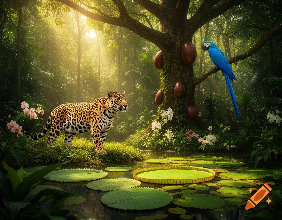 A photorealistic image of a jaguar and a blue macaw in a lush, sunlit tropical rainforest with water lilies.