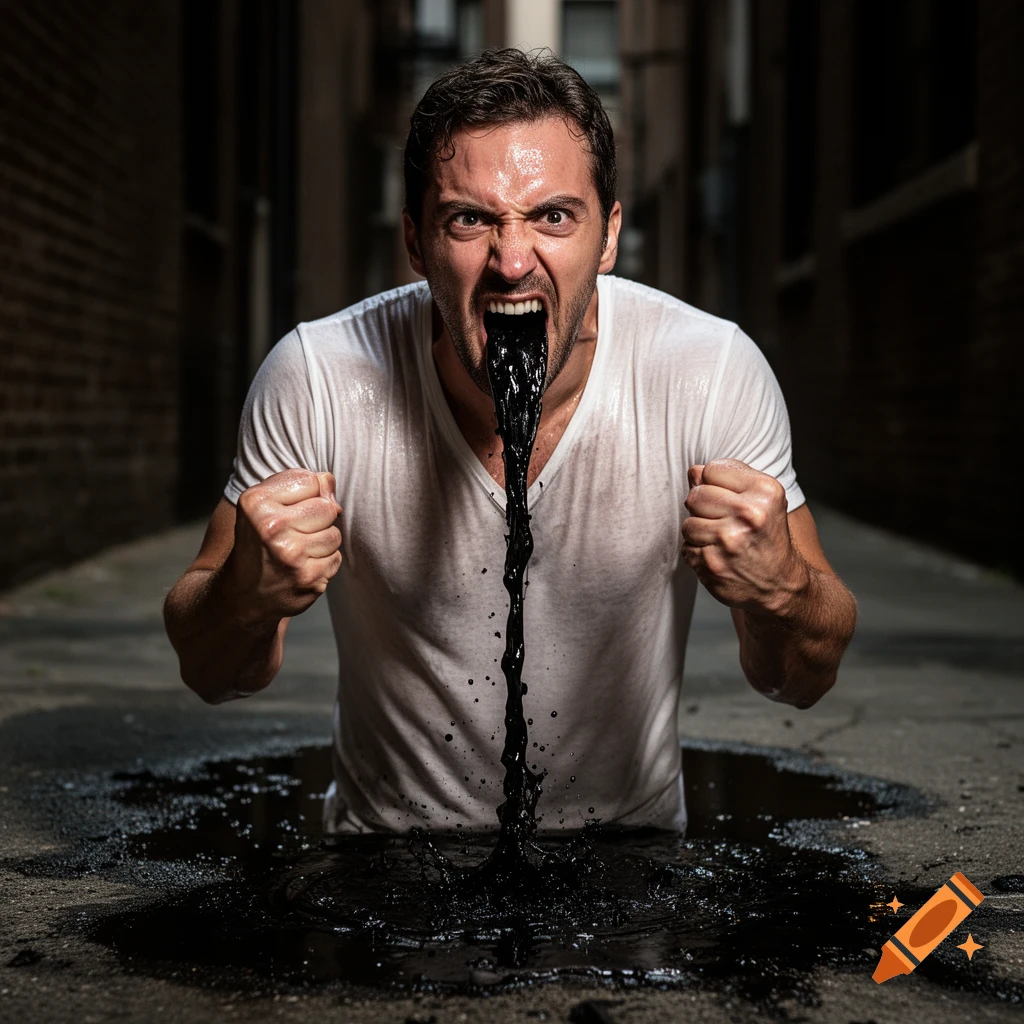 Man with an intense, enraged expression, emerging from a dark puddle in a grungy alley, spewing black liquid from his mouth.
