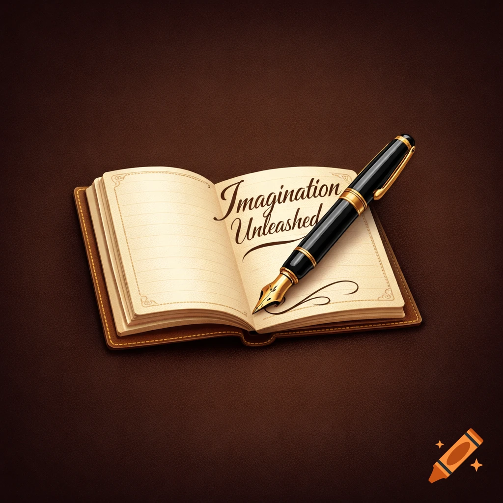 Illustrative logo of an open notebook with 'Imagination Unleashed' text and a black and gold fountain pen.