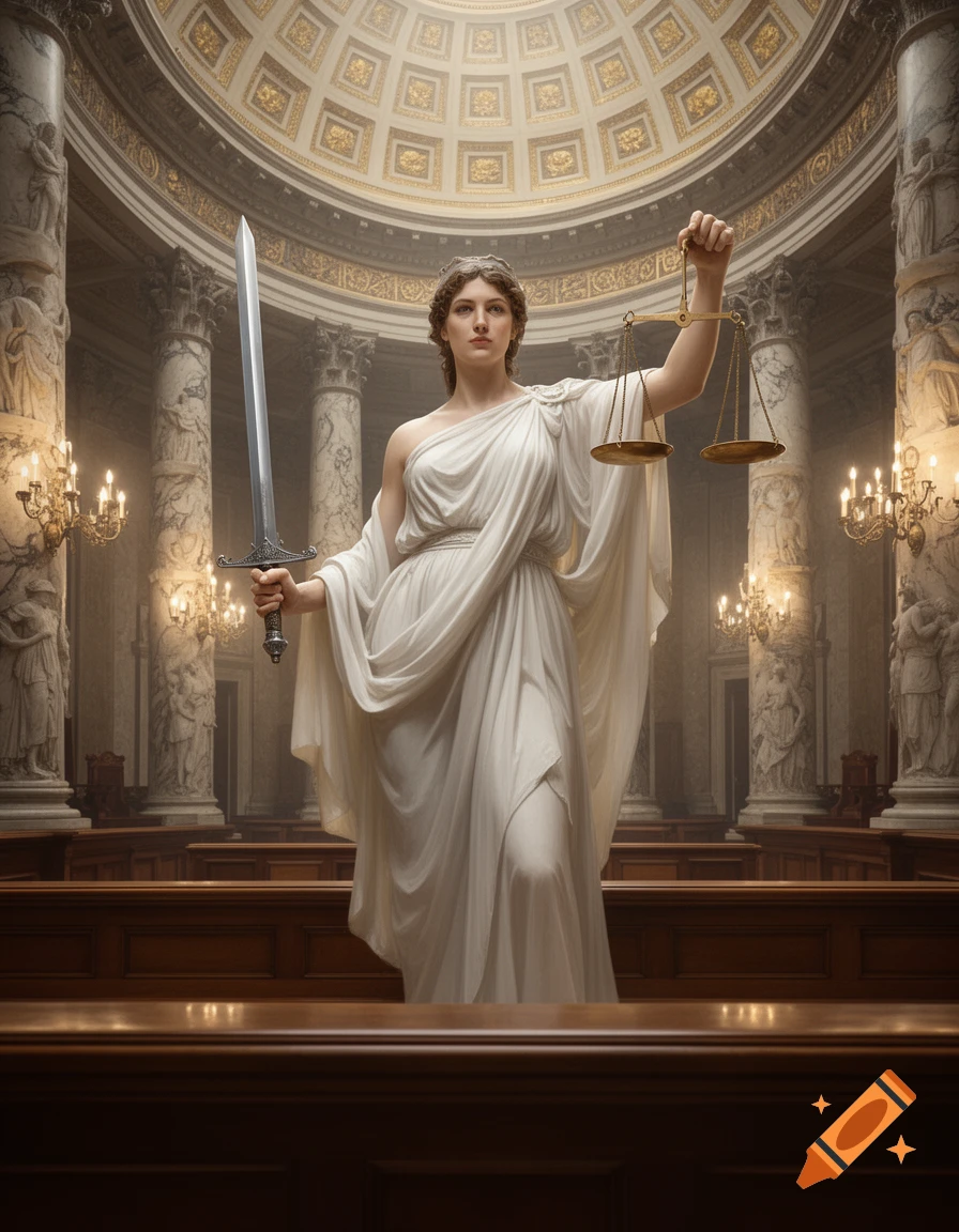 A woman resembling Lady Justice in a flowing white gown stands in a grand hall, holding a sword and scales. Photorealistic style.