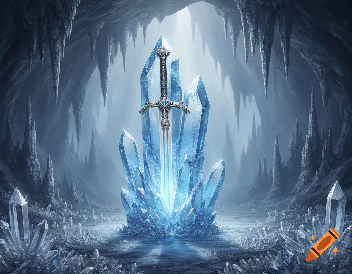 A stylized fantasy sword with an ornate hilt plunged into a large, glowing blue crystal in an icy cave filled with smaller crystals and stalactites.