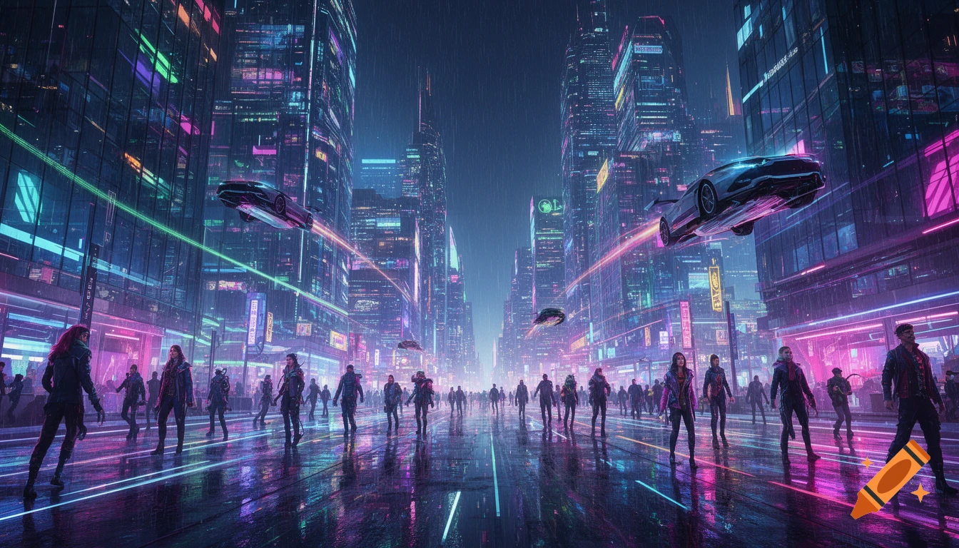 A cyberpunk city at night with neon lights, flying cars, and people ...