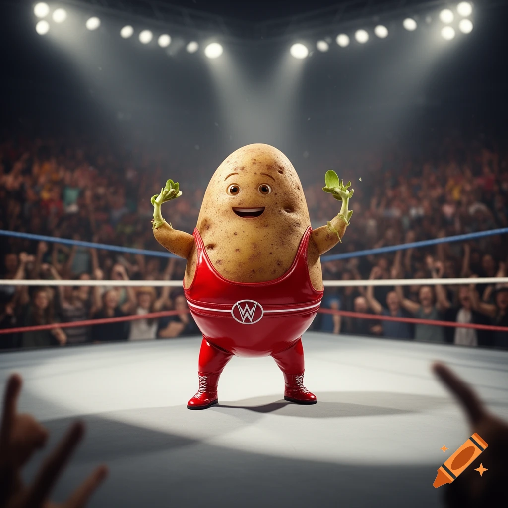 A happy, anthropomorphic potato in a red wrestling singlet with a 'W' logo raises its arms in a brightly lit wrestling ring before a crowd.