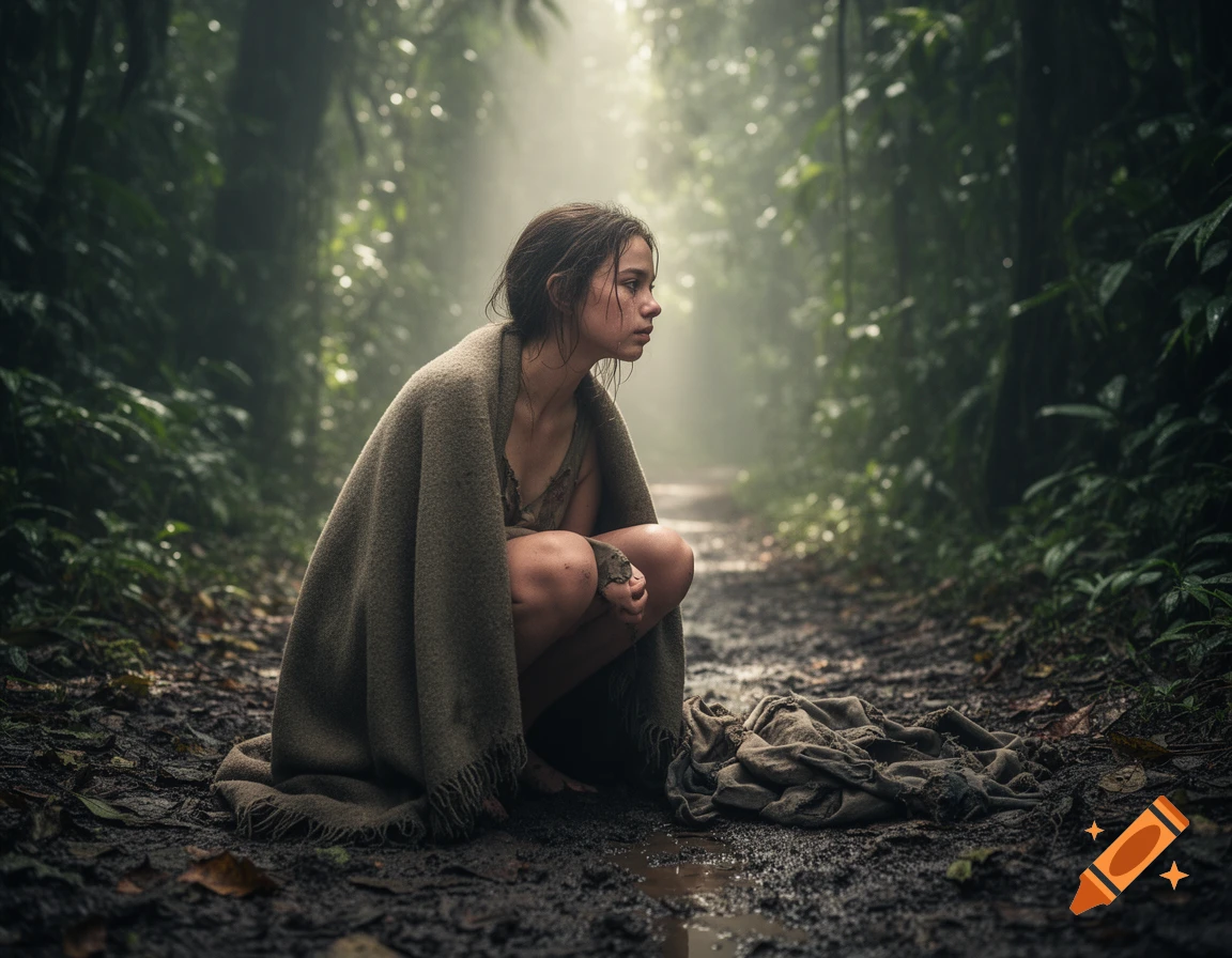 A vulnerable young woman, wrapped in a blanket, crouches on a muddy jungle path, appearing sad and exhausted under rays of volumetric light.